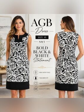 AGB Black White Print Dress Size 10 NWT Sleeveless Work Cocktail